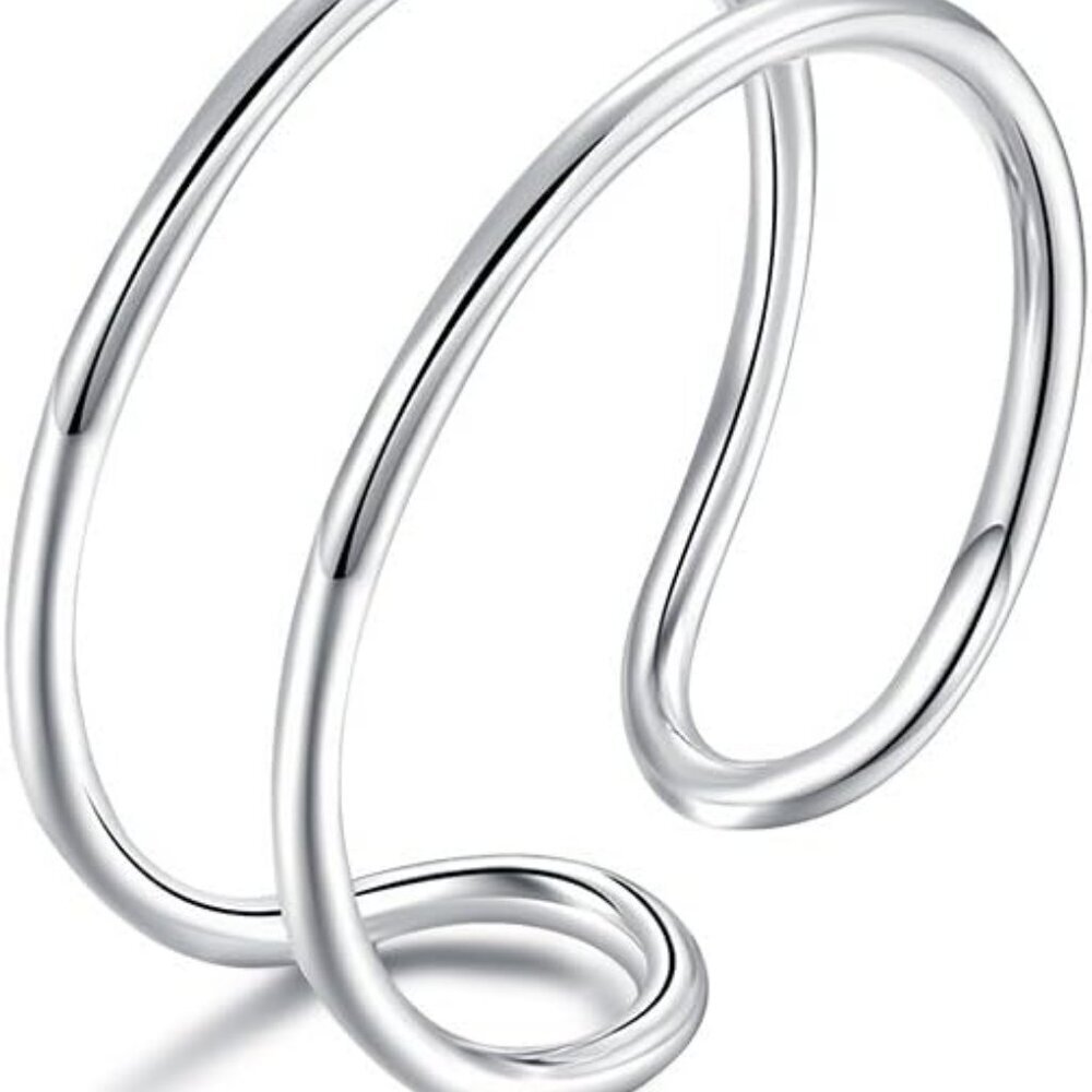 Sterling Silver Simple Band Ring Open Ring Ajustable Wide Band Line Rings